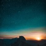 high-angle photography of mountain at sunset