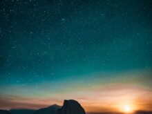 high-angle photography of mountain at sunset